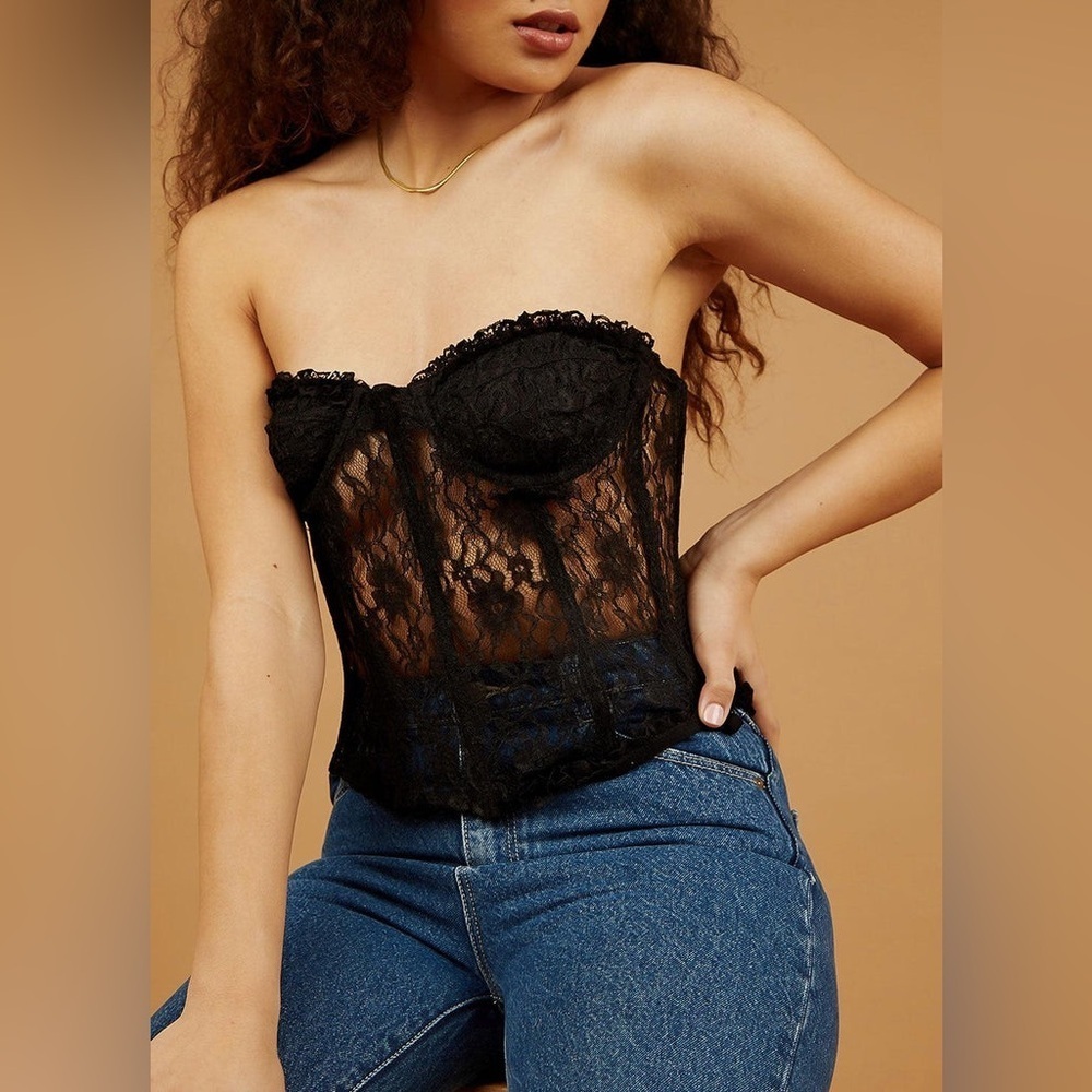 Urban Outfitters Lioness The Plaza Lace Bustier Black Corset Strapless Top EUC M - Picture 1 of 12